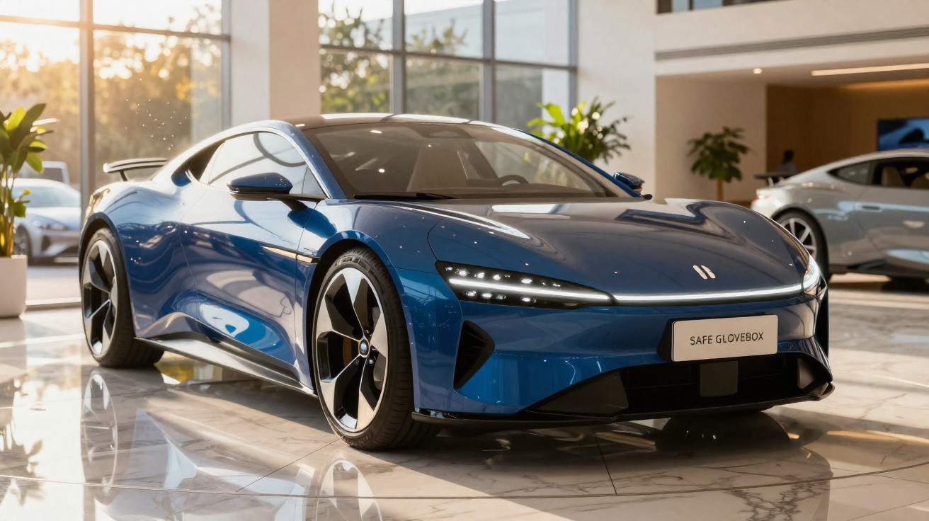 Carro esportivo elétrico azul exposto em showroom moderno com piso de mármore e iluminação natural.