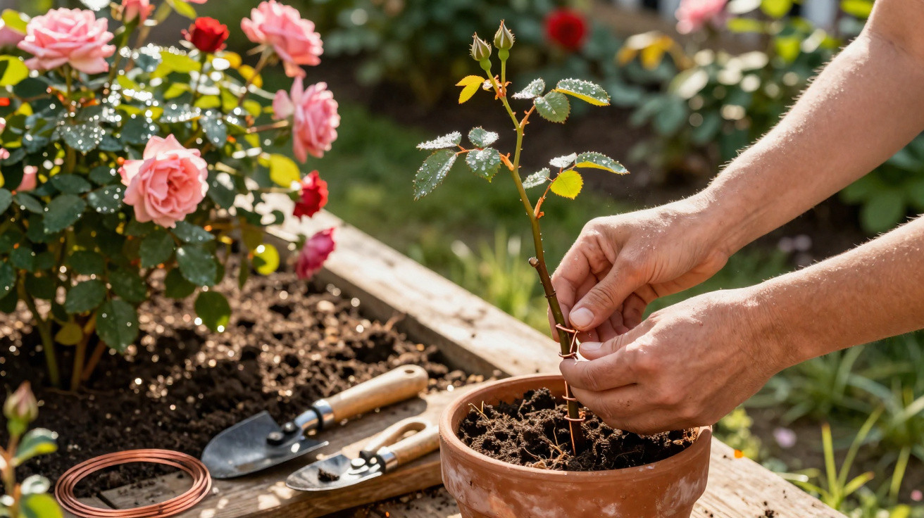 Mãos colocando suporte em muda de rosa em vaso de barro, com rosas floridas ao fundo em canteiro.