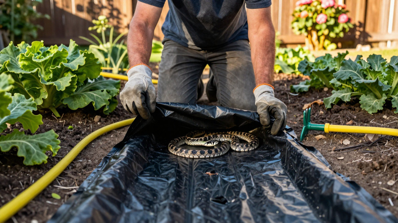 Pessoa com luvas abrindo plástico com cobra enrolada no jardim ao redor de plantas e mangueira amarela.
