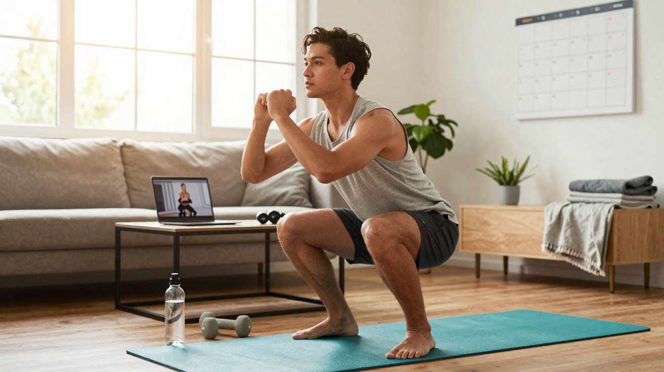 Homem realizando agachamento em tapete de yoga em sala com laptop e halteres ao fundo.