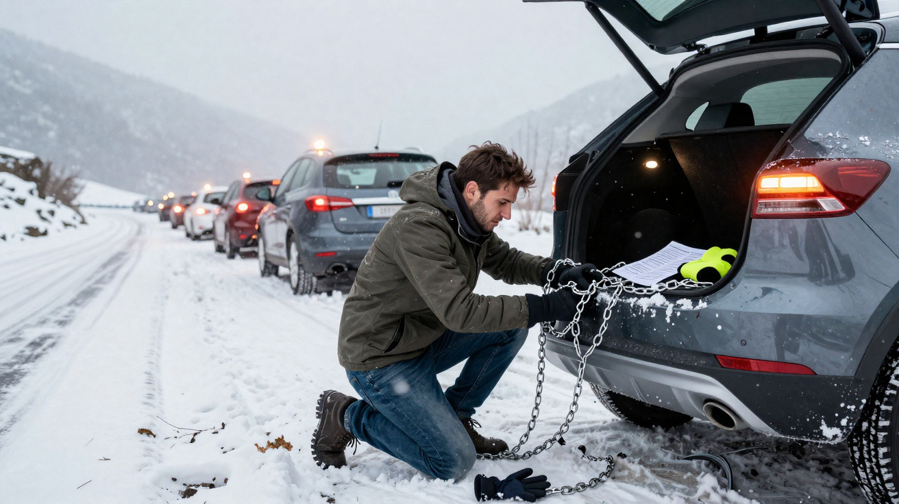 Homem instala correntes em pneu de carro cinza na estrada coberta de neve com fila de veículos ao fundo.