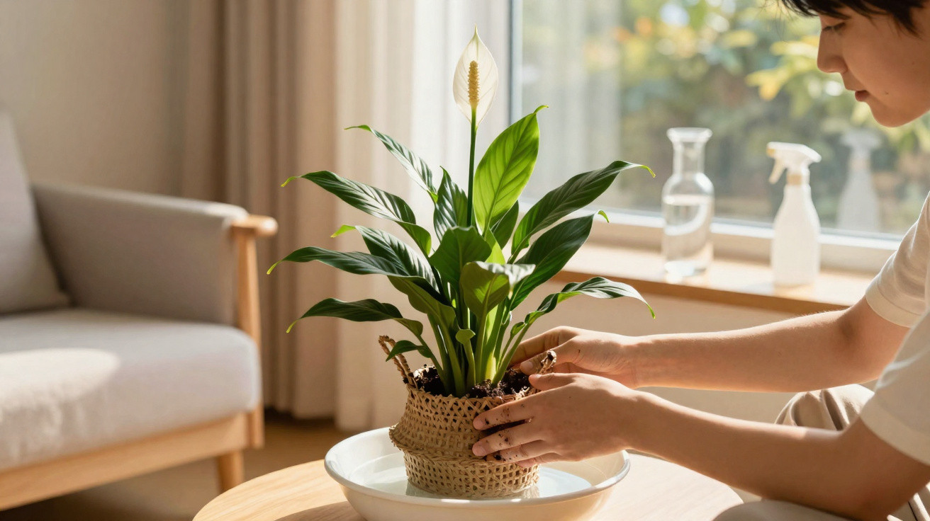 Pessoa cuidando de planta com flor branca em vaso na sala iluminada com luz natural.
