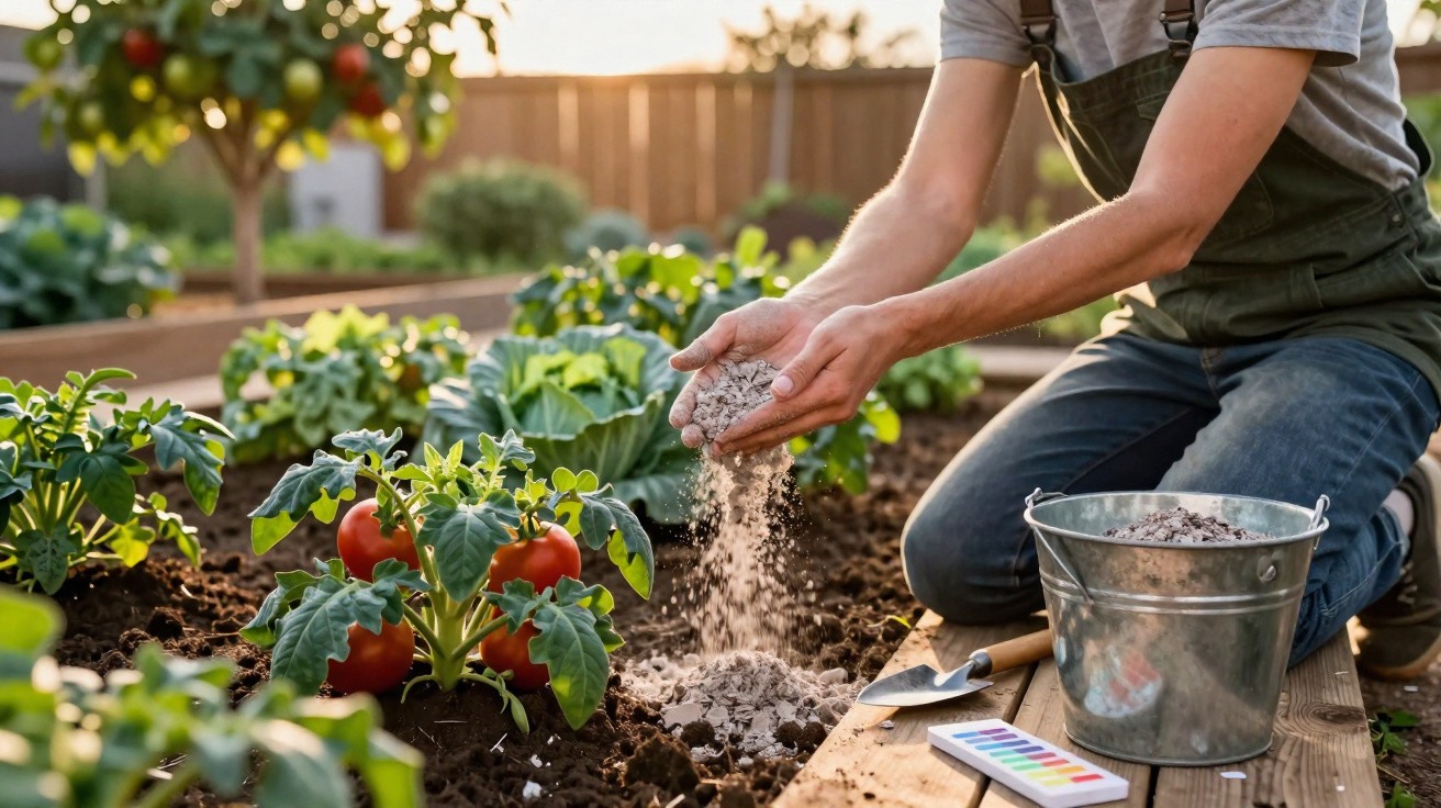 Pessoa aplicando fertilizante em planta de tomate em horta caseira ao ar livre.