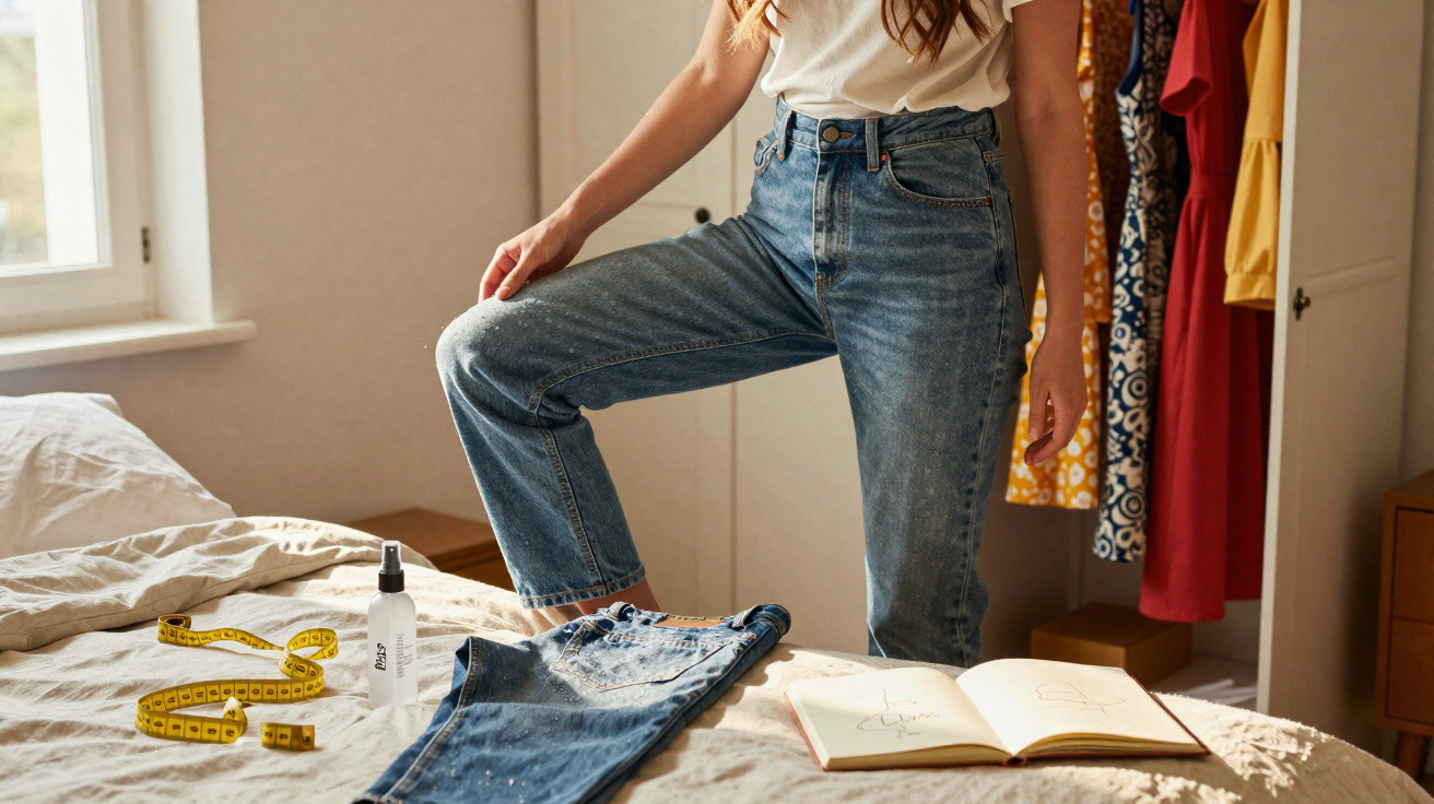 Mulher ajustando calça jeans, com fita métrica, spray e caderno sobre a cama em quarto iluminado.
