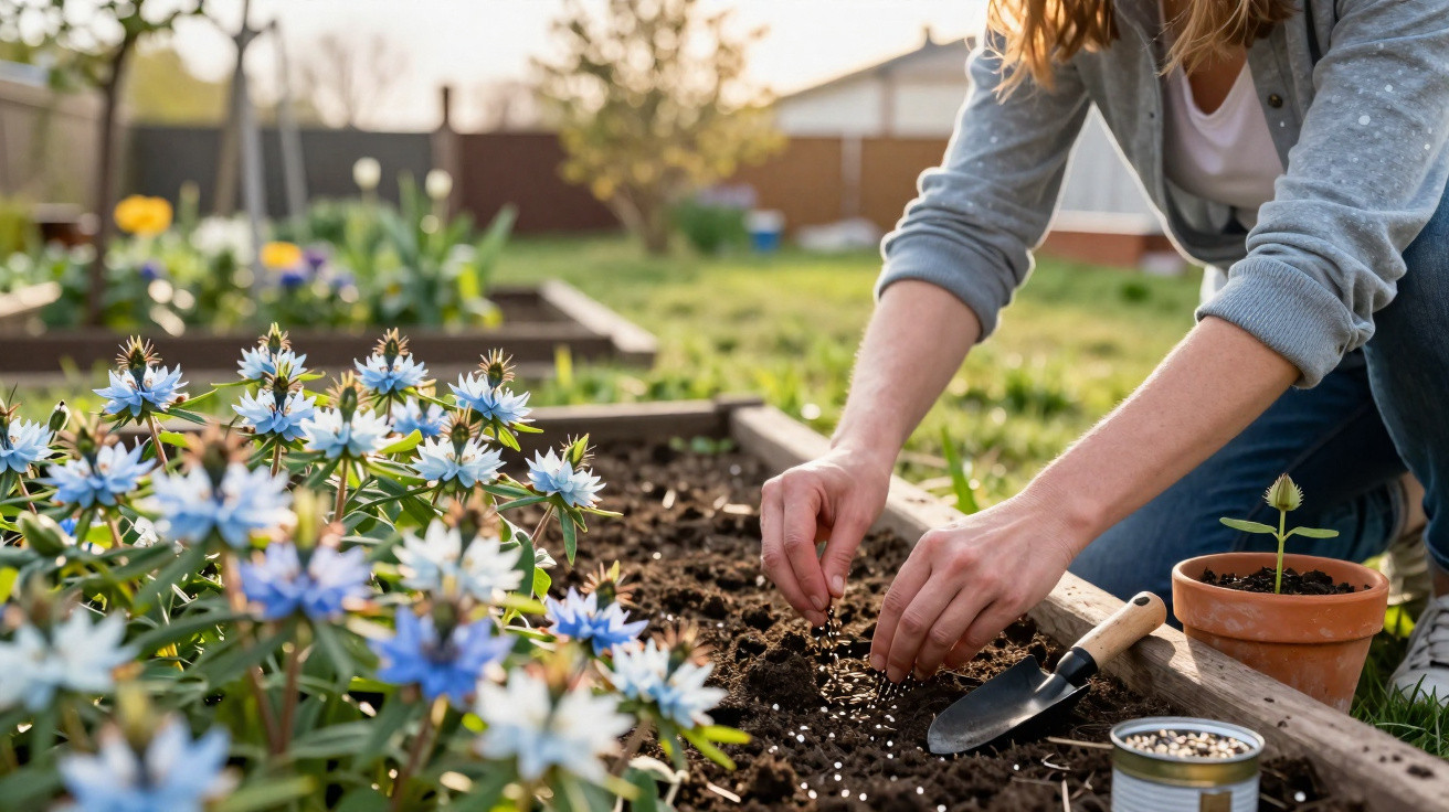Pessoa plantando sementes em canteiro de jardim com flores e vaso ao lado em área externa.
