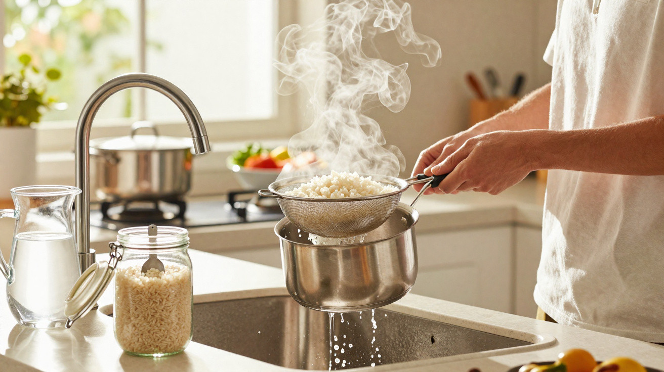 Pessoa escorrendo arroz quente com peneira sobre pia de cozinha moderna iluminada pela luz natural