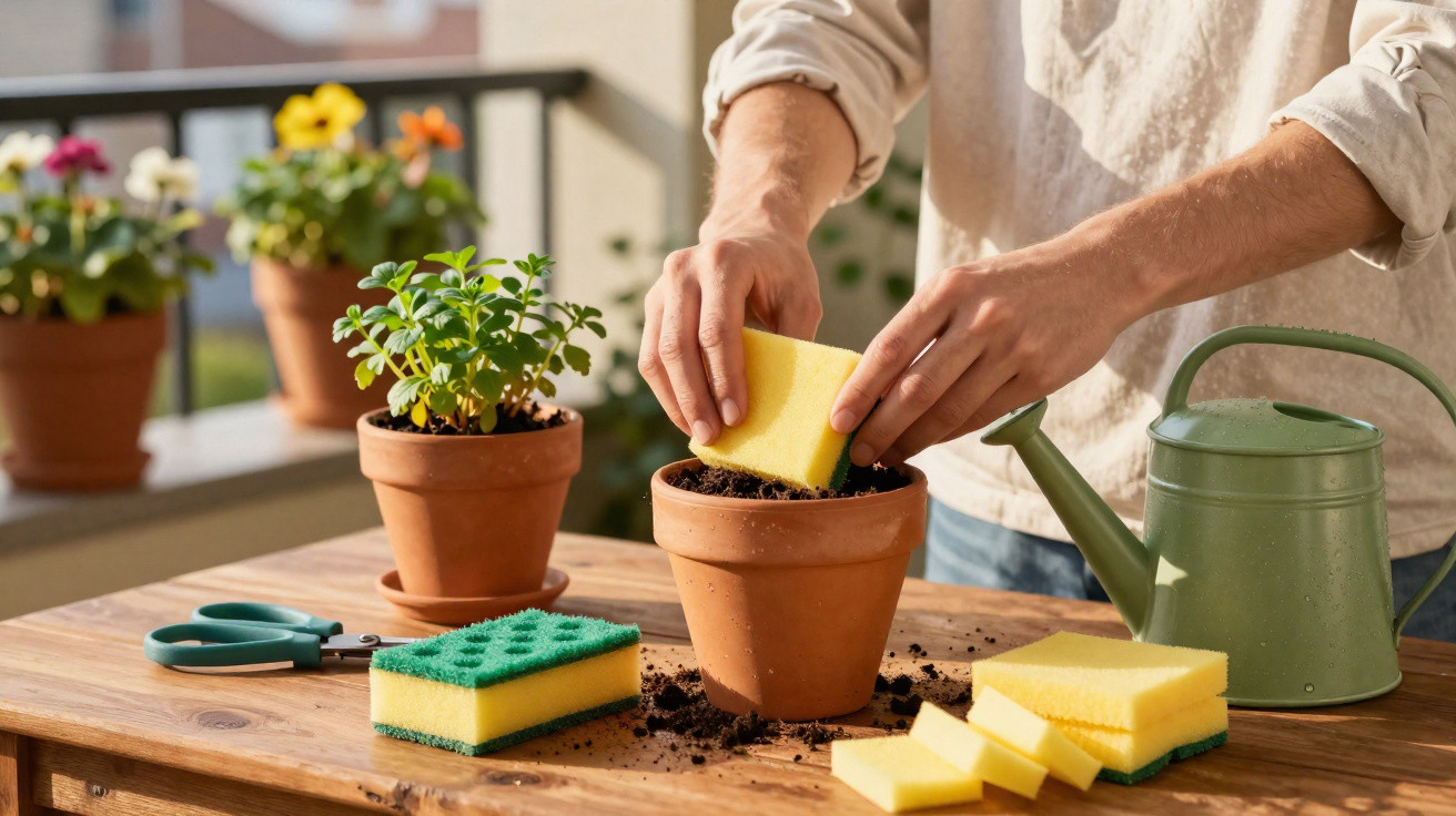 Pessoa limpando vaso de planta com esponja sobre mesa com ferramentas de jardinagem.