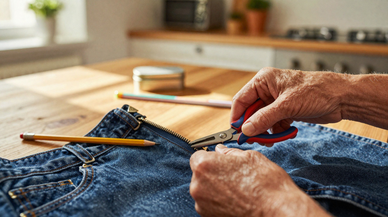Mãos de pessoa adulta usando um alicate para consertar o zíper de uma calça jeans sobre mesa de madeira.