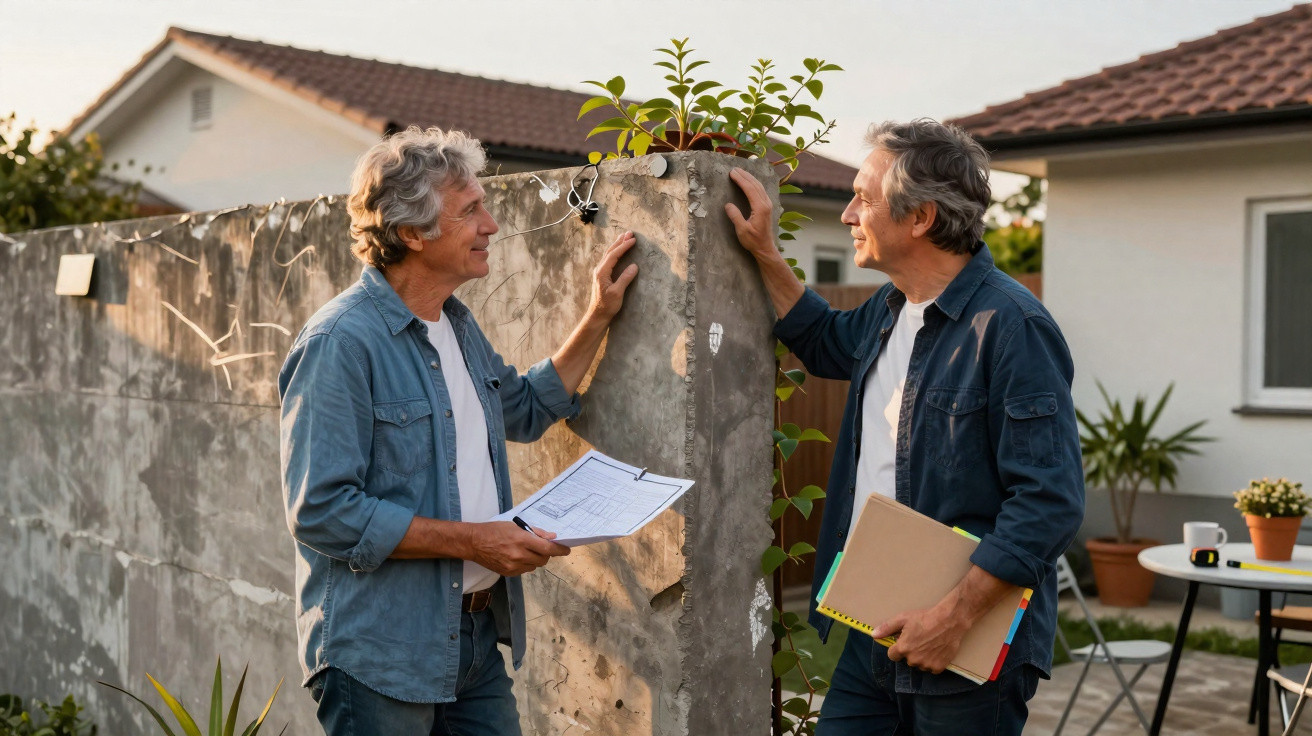 Dois homens conversando ao ar livre ao lado de muro, um com planta baixa e outro com pastas.