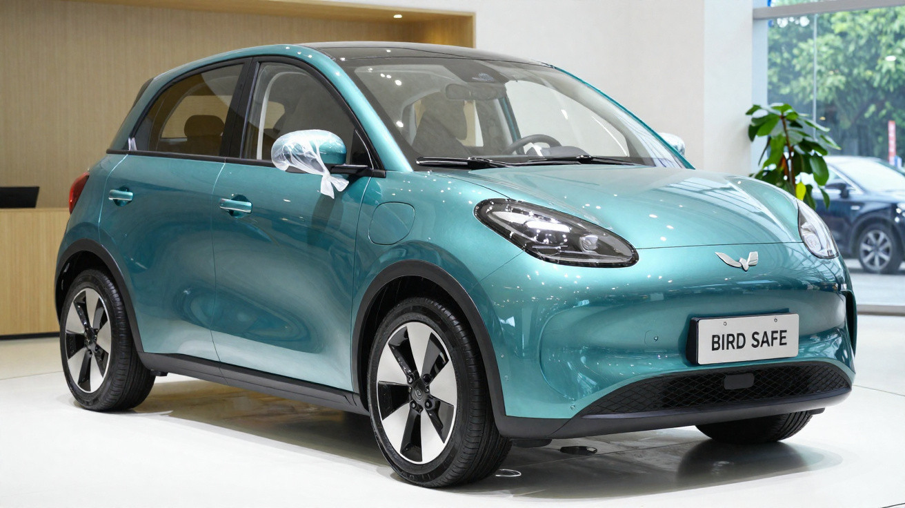 Carro elétrico compacto azul turquesa em exposição dentro de showroom moderno e iluminado.