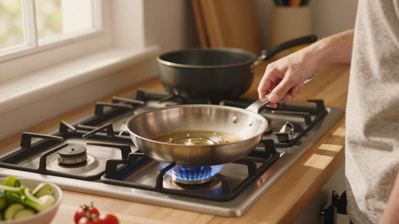 Pessoa segurando frigideira sobre fogão a gás com chama azul em cozinha iluminada pela luz natural.