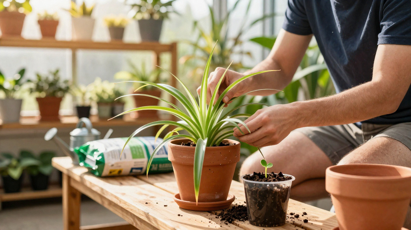 Pessoa cuidando de planta em vaso de barro sobre mesa de madeira em ambiente com outras plantas ao fundo.