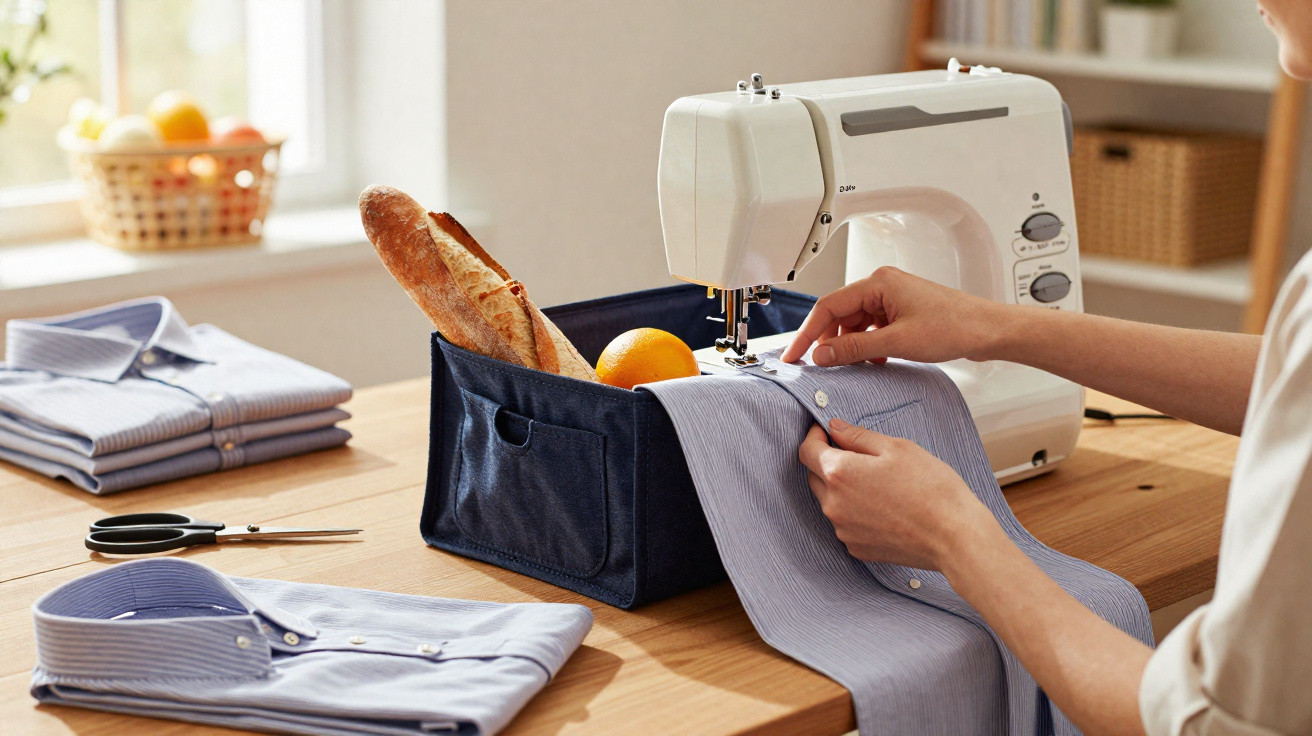 Pessoa costurando camisa azul clara com máquina de costura em mesa de madeira, com cesta e frutas ao fundo.