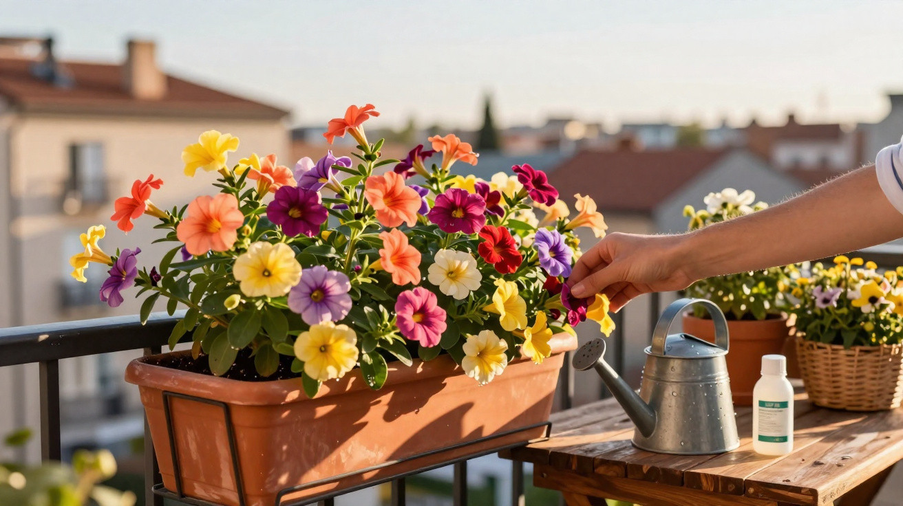 Mão cuidando de flores coloridas em vaso na varanda com regador e frasco sobre mesa de madeira.