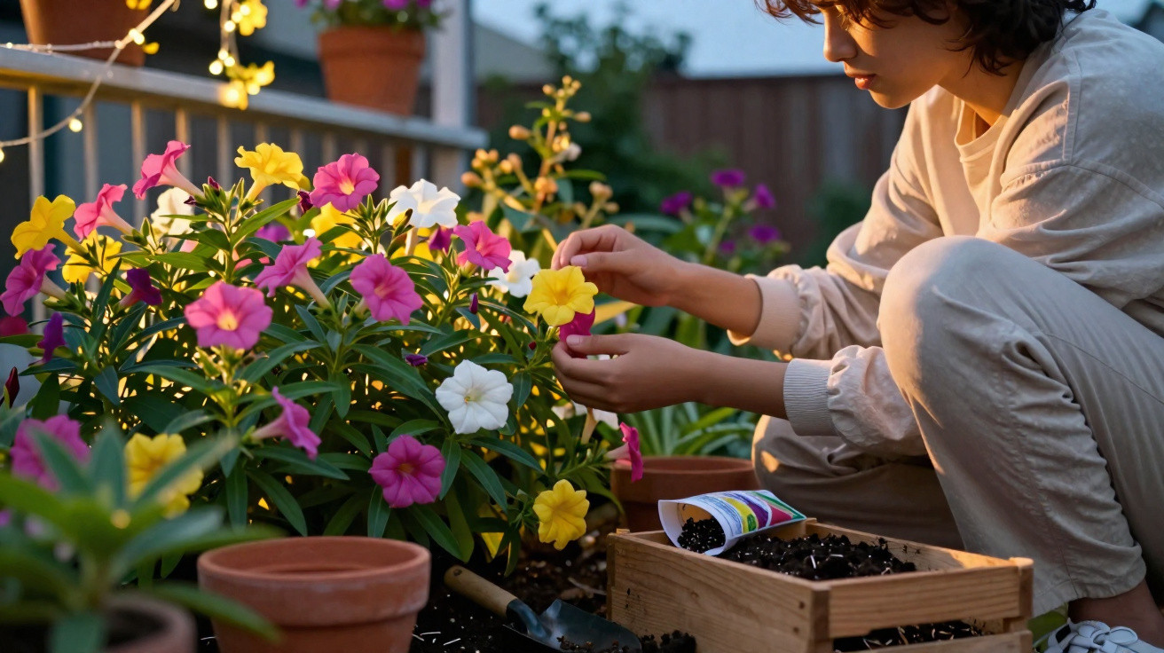 Pessoa cuidando de flores coloridas em varanda com luz suave ao entardecer.