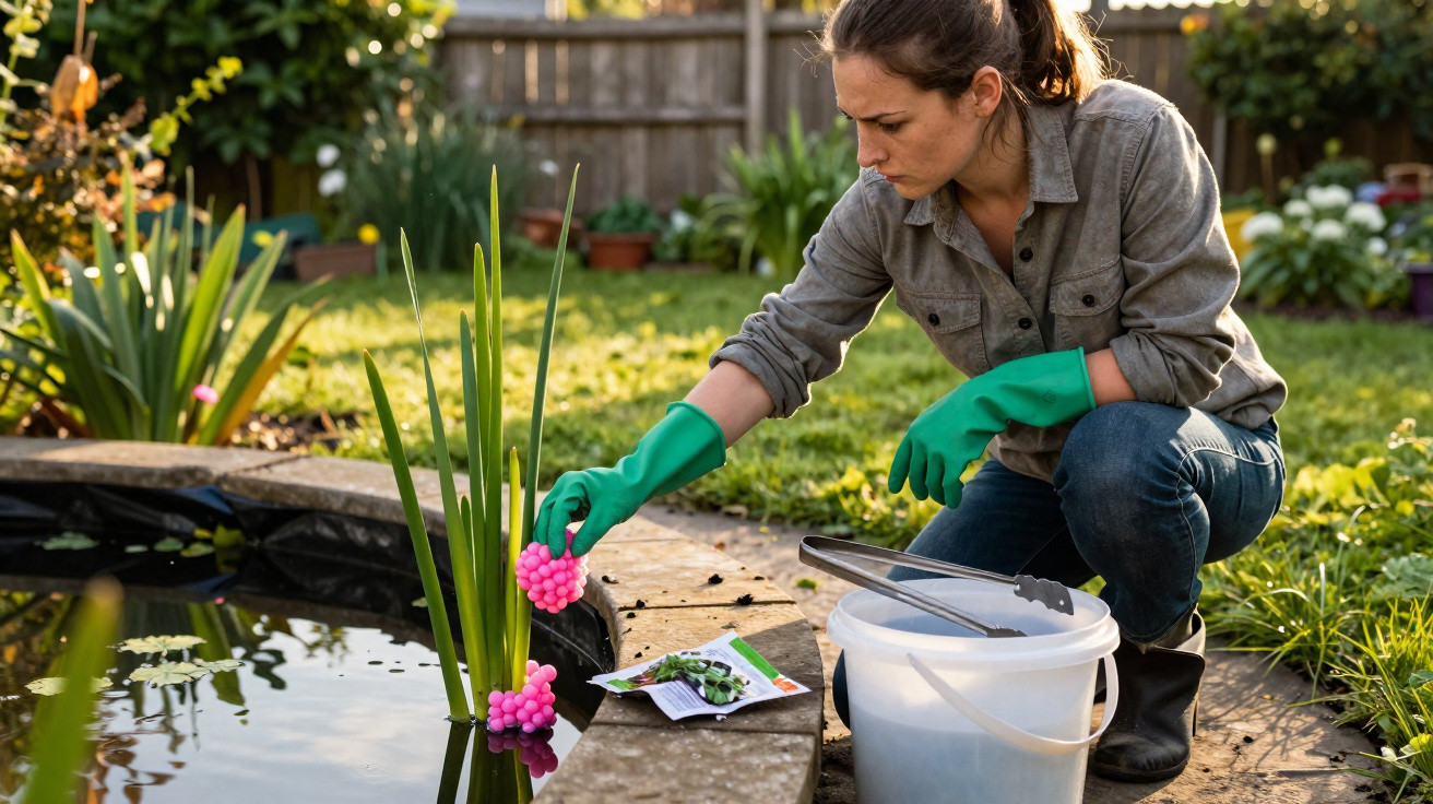 Mulher com luvas verdes cuidando de plantas aquáticas em lagoa de jardim residencial.