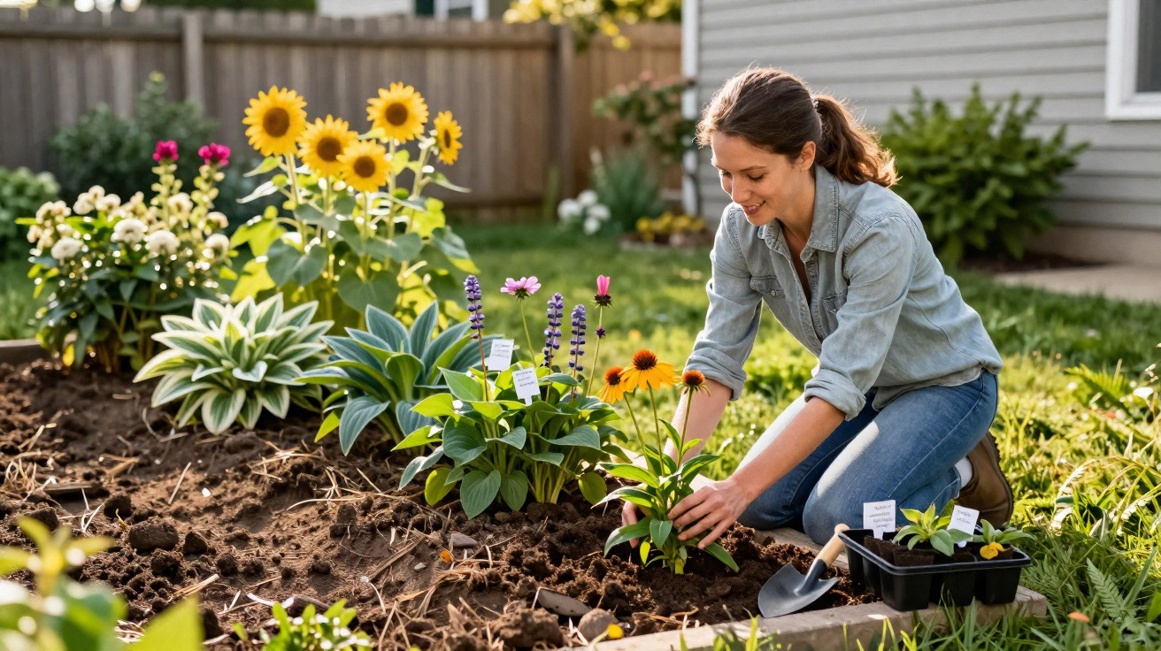 Mulher sorridente plantando flores em jardim ensolarado com girassóis ao fundo.