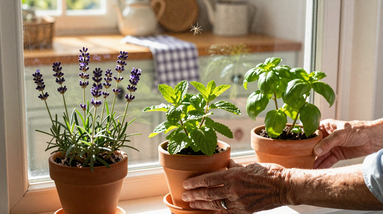Mãos cuidando de vasinhos com plantas aromáticas em um peitoril de janela iluminado pelo sol.