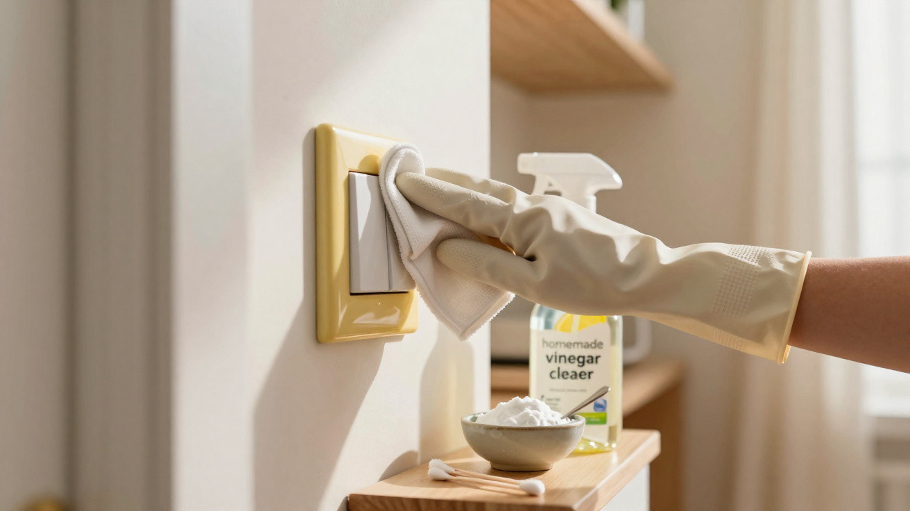 Pessoa usando luva para limpar interruptor de luz com pano branco em ambiente claro e organizado.
