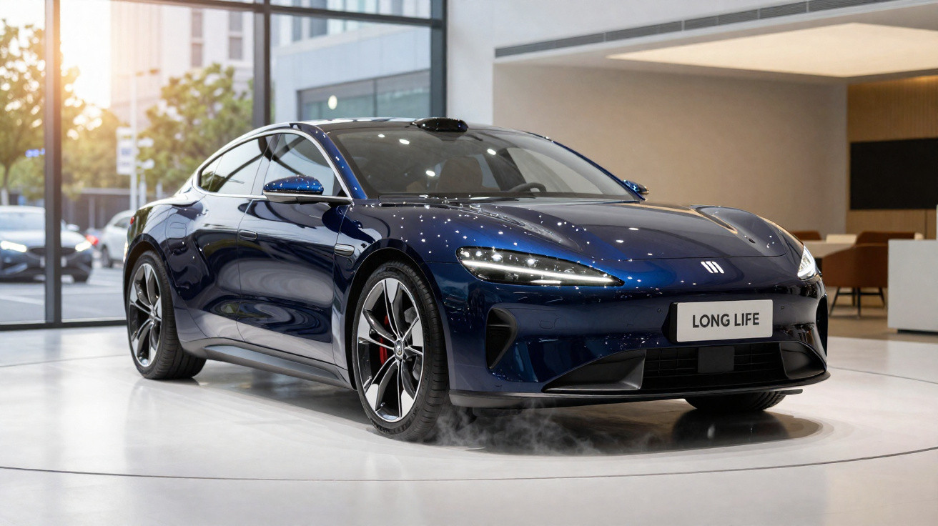 Carro esportivo elétrico azul exposto em showroom moderno com placa "LONG LIFE".