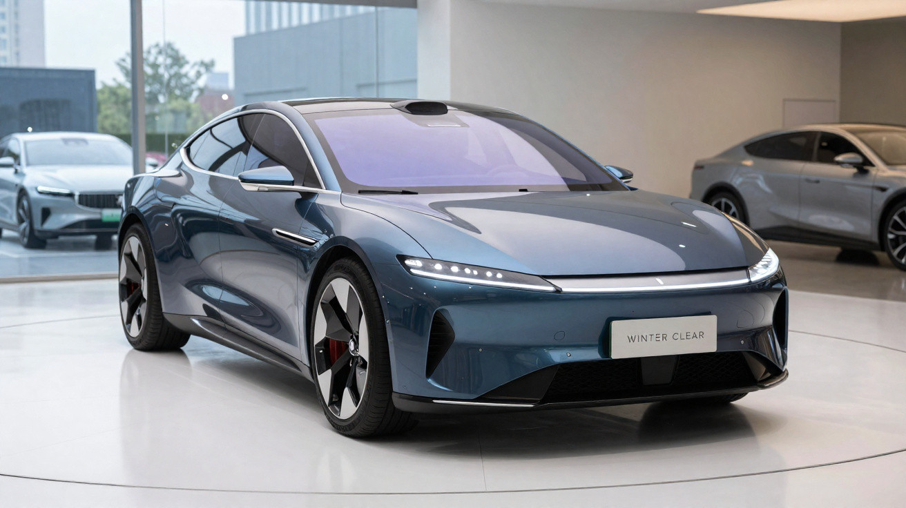 Carro esportivo elétrico azul em exibição dentro de showroom moderno e iluminado.
