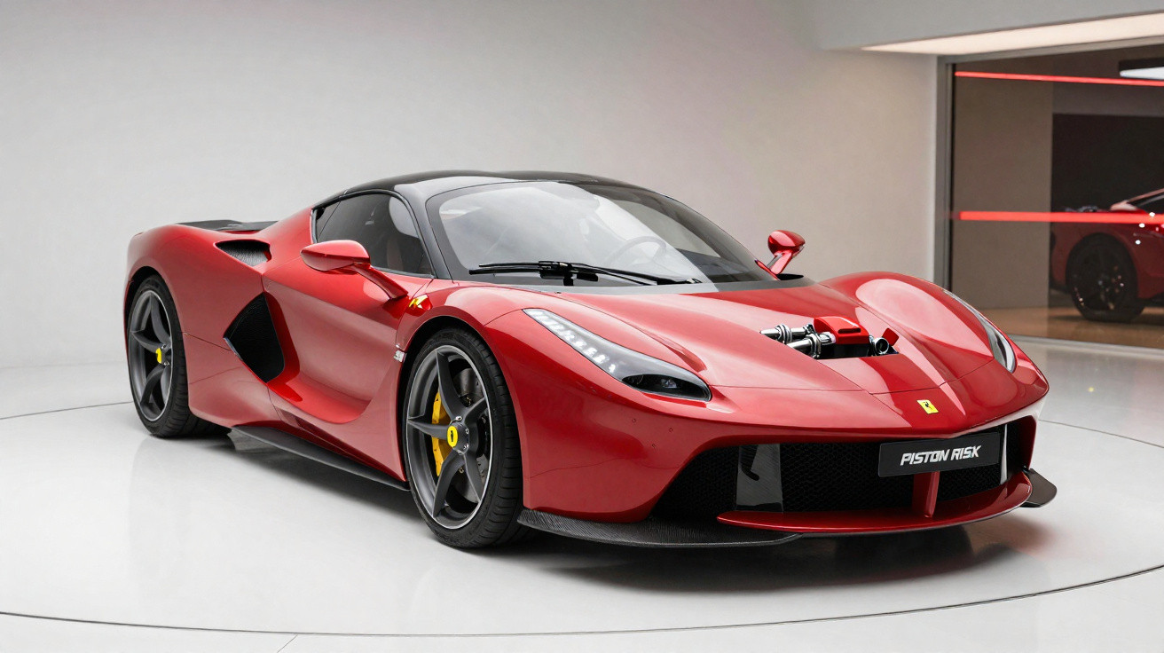 Carro esportivo vermelho Ferrari LaFerrari em exposição dentro de ambiente moderno e minimalista.