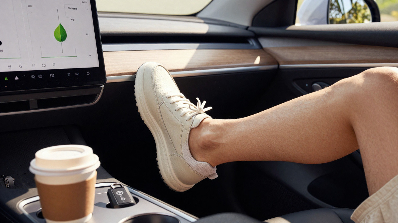 Pernas de pessoa com tênis branco apoiadas no painel do carro ao lado de um café descartável no console central.