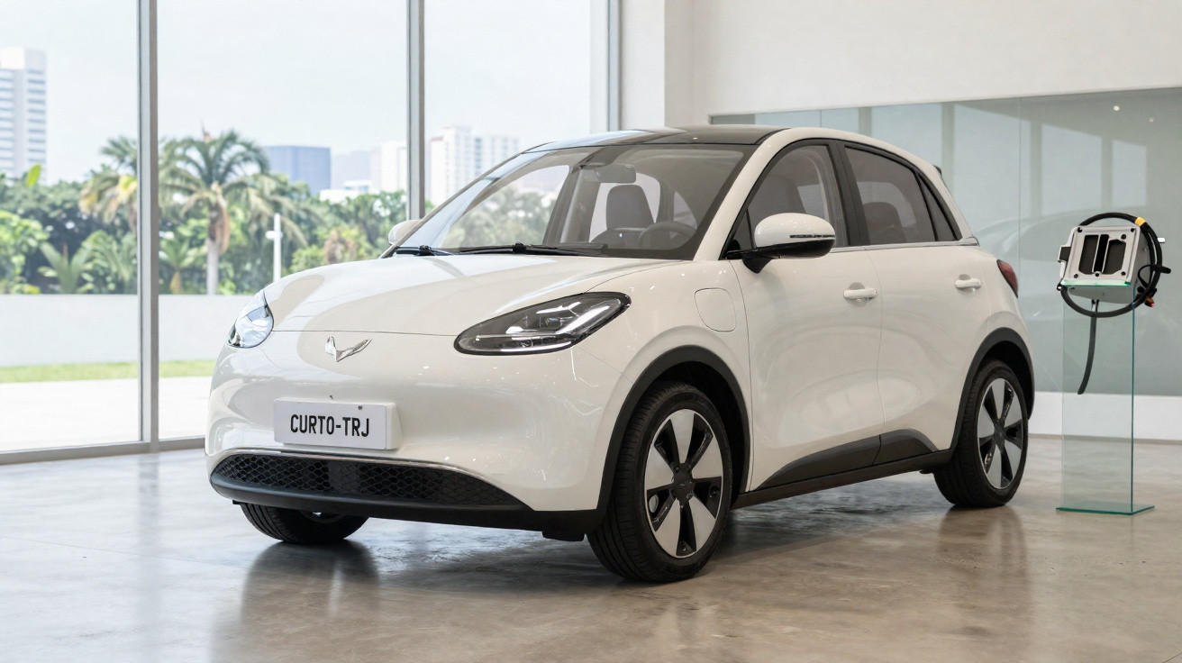 Carro elétrico branco em exposição dentro de showroom com grandes janelas ao fundo.