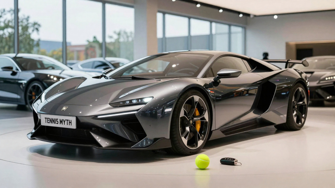 Carro esportivo cinza metálico estacionado em showroom com bola de tênis e chave ao lado.