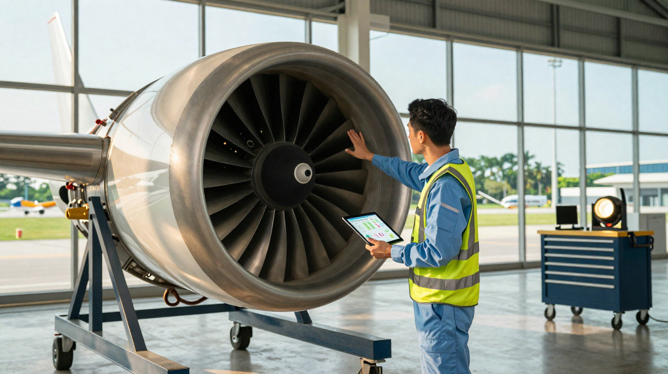 Técnico em manutenção inspeciona turbina de motor de avião em hangar com tablet na mão.