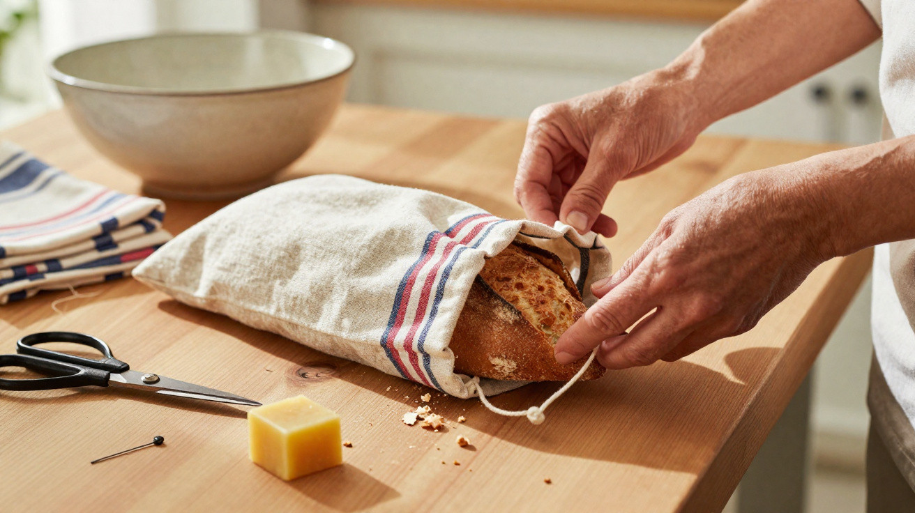 Mãos fechando saco de pano com pão dentro sobre mesa de madeira com tesoura e pedaço de queijo.