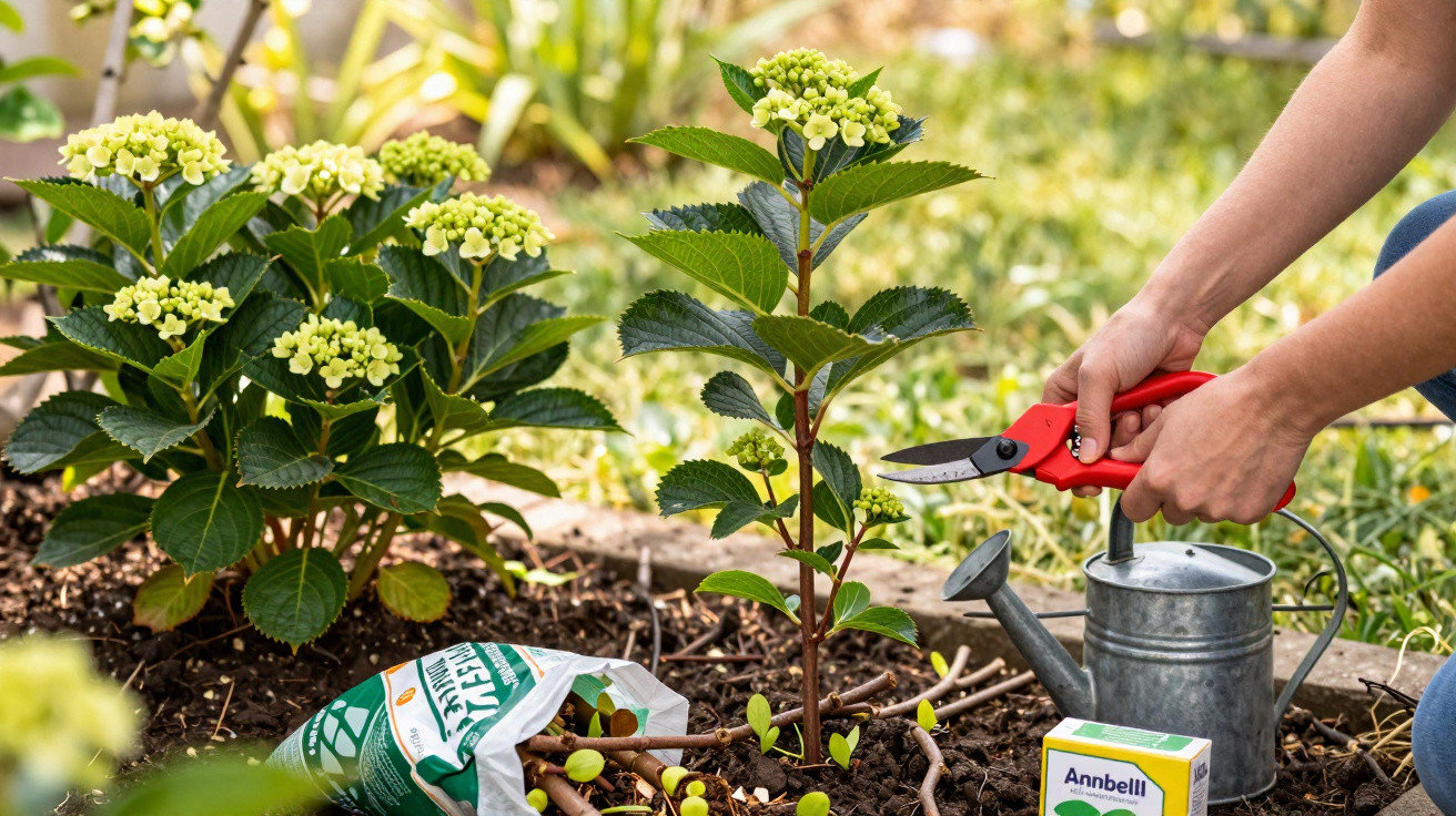 Mãos podando planta com tesoura vermelha em jardim, regador e saco de adubo ao lado.