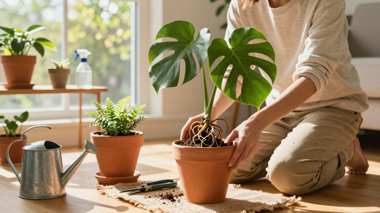 Pessoa cuidando de planta em vaso de barro em ambiente iluminado com outras plantas e regador ao redor.