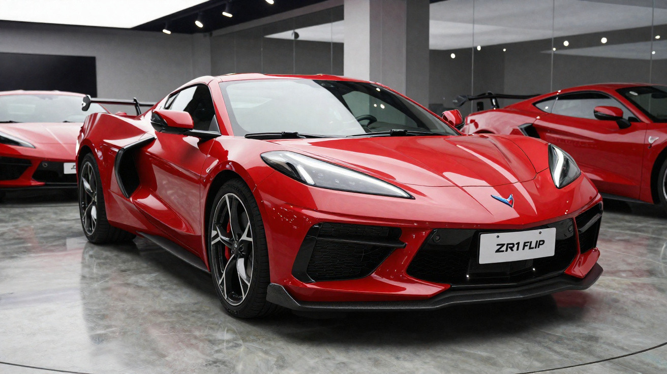Carro esportivo vermelho Chevrolet Corvette ZR1 em exposição interna com outros carros ao fundo.