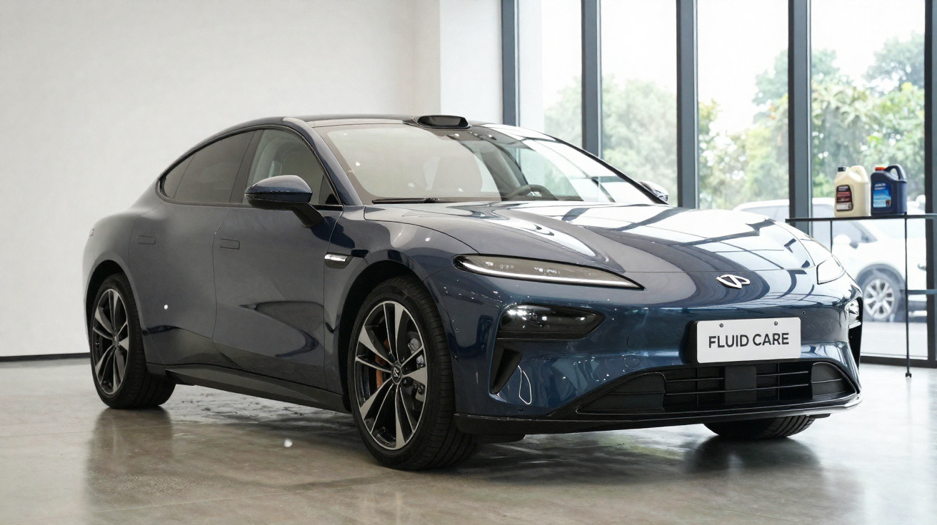 Carro elétrico azul escuro com design moderno exibido em ambiente interno com piso de concreto.