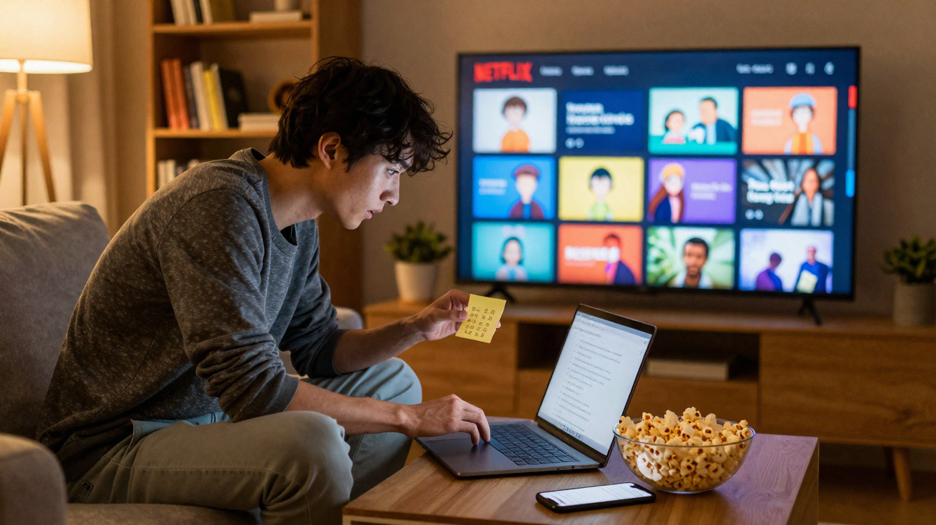 Jovem sentado no sofá, usando laptop e segurando bilhete, com TV e tigela de pipoca à frente.