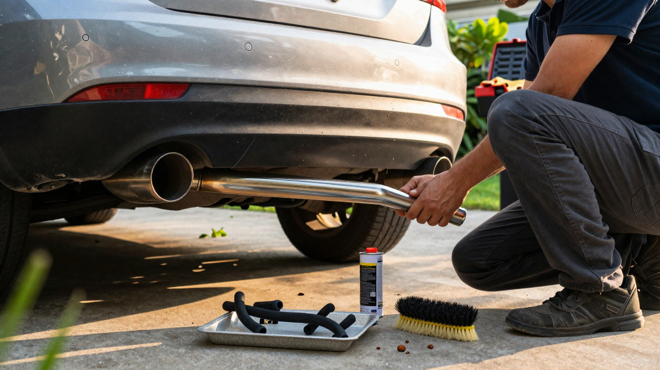 Homem instalando ou consertando tubo de escape de carro prata em garagem externa, com ferramentas ao lado.