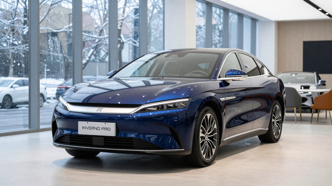 Carro elétrico azul Inverno Pro estacionado em showroom com janelas grandes e luz natural.