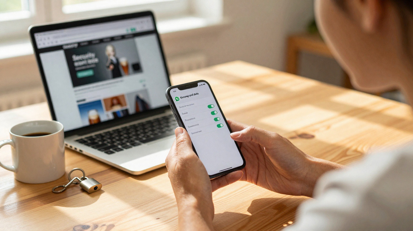 Pessoa segurando celular com configurações de bloqueio de anúncios ativadas, laptop e xícara de café na mesa.