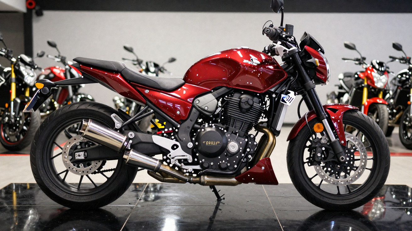 Motocicleta esportiva vermelha estacionada em ambiente interno com outras motos ao fundo.