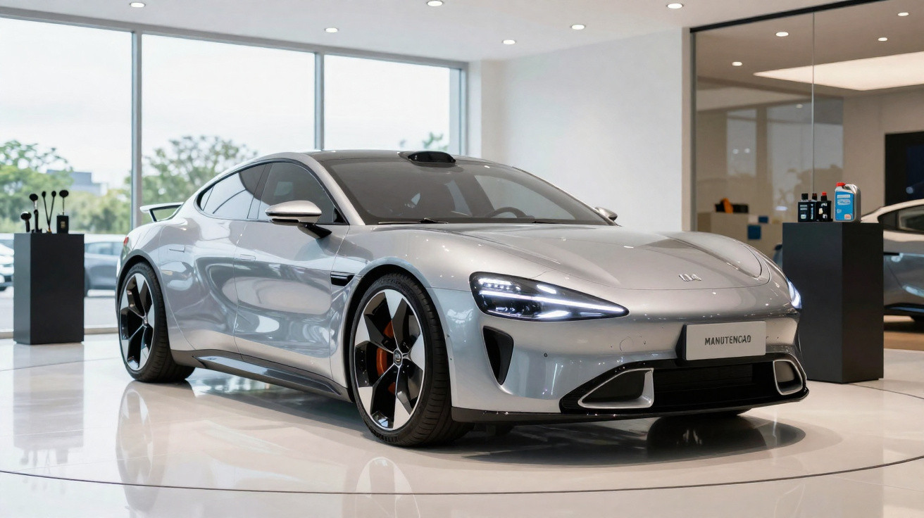 Carro esportivo prata em exposição dentro de showroom moderno com piso branco e vitrines de vidro.