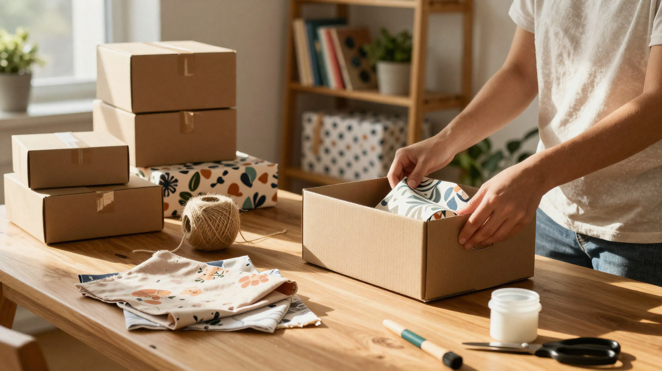 Pessoa embalando tecido estampado em caixa de papelão sobre mesa com materiais de embalagem e caixas empilhadas.