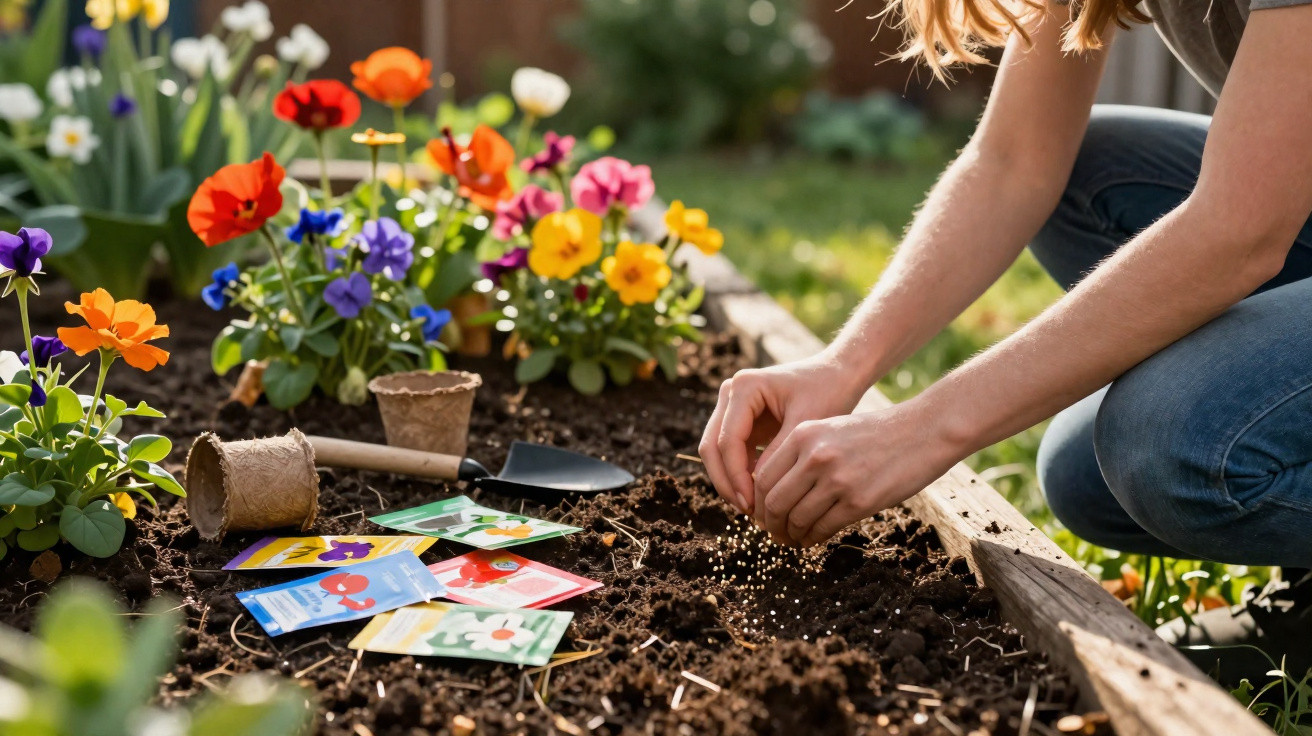 Pessoa plantando sementes em canteiro com flores coloridas e pacotes de sementes ao redor.
