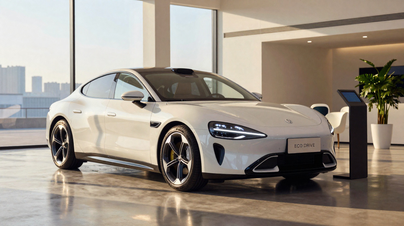Carro elétrico branco moderno em exposição em ambiente interno com piso refletivo e janelas amplas.
