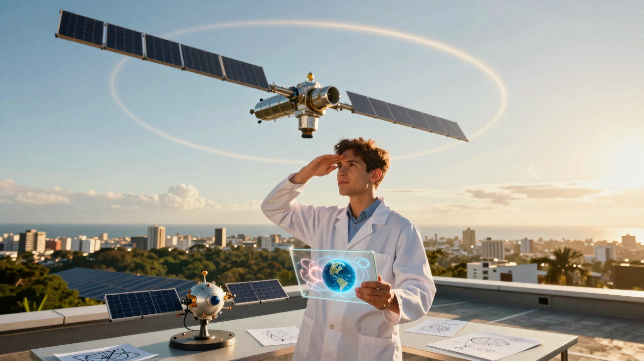 Cientista em laboratório ao ar livre com satélites e holograma do planeta Terra ao pôr do sol.