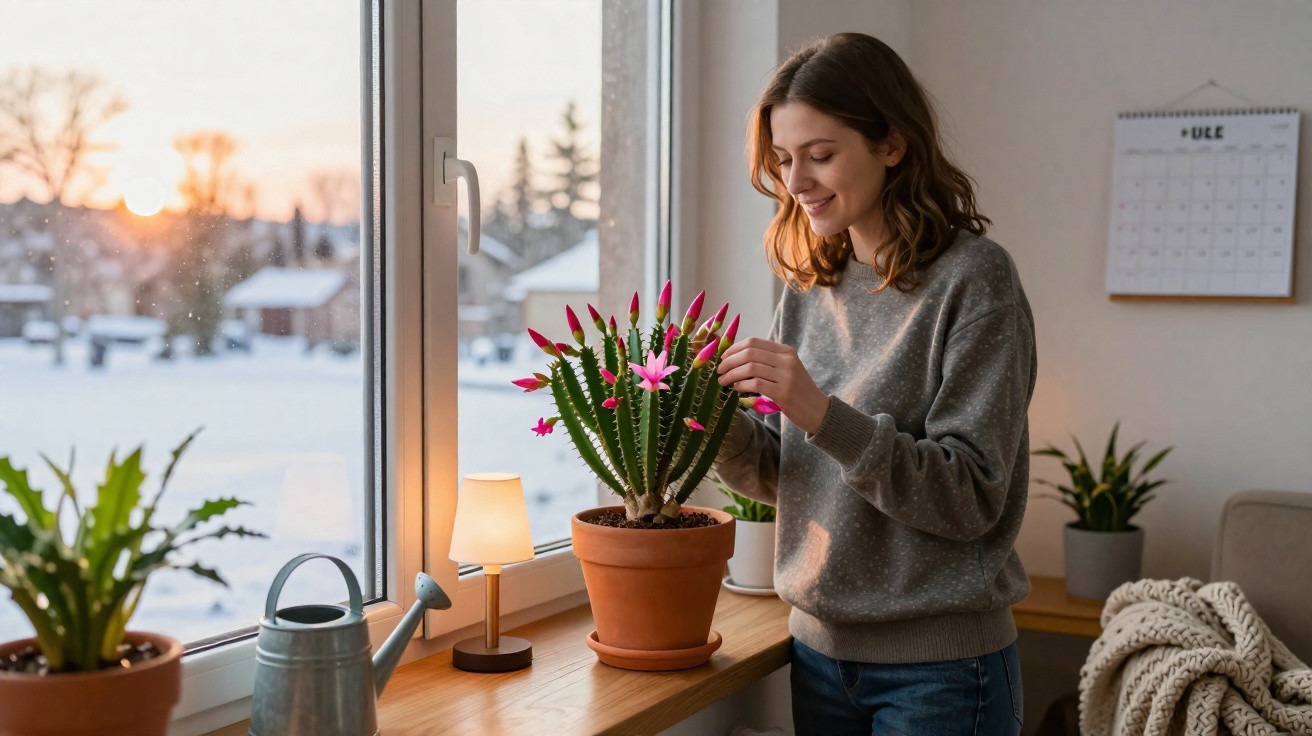 Mulher sorridente cuidando de cacto com flores cor-de-rosa junto à janela em ambiente interno aconchegante.