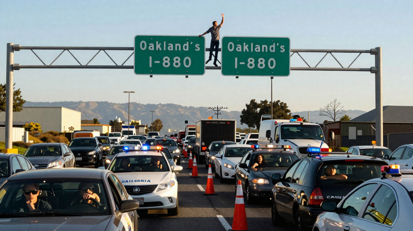 Homem em cima de placa verde na rodovia I-880 com carros e viaturas policiais parados no trânsito.