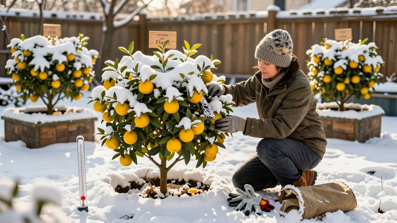 Pessoa agasalhada cuidando de laranjeira com frutas sob neve em jardim coberto de neve.