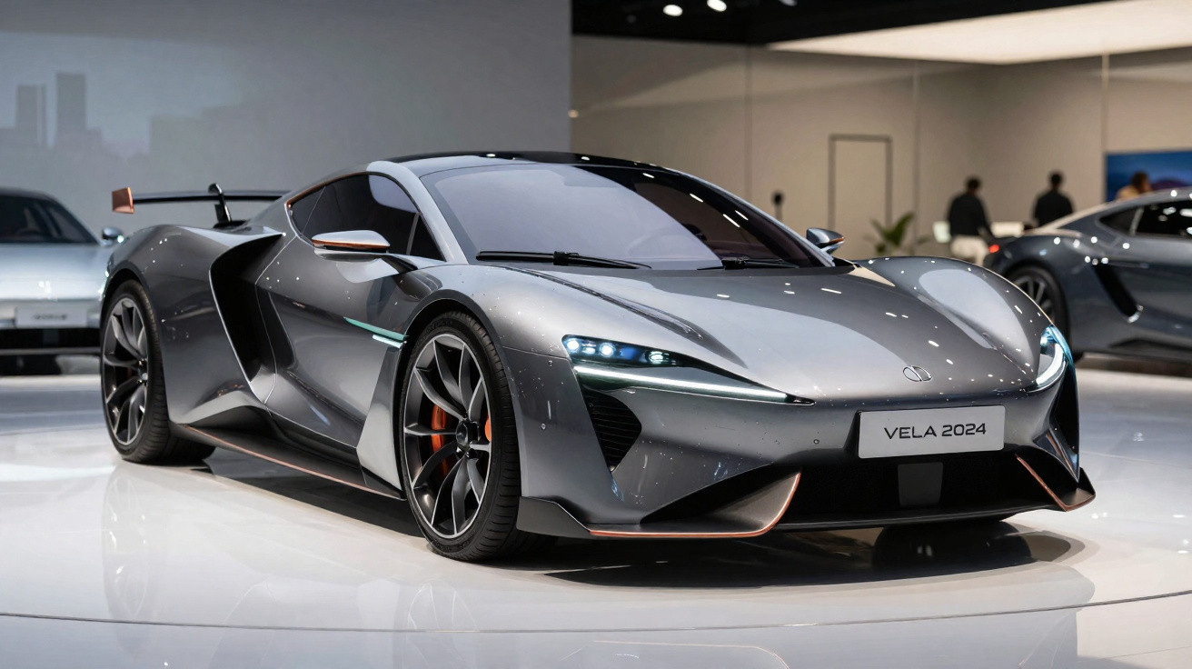 Carro esportivo prata futurista Vela 2024 em exposição em estande iluminado.