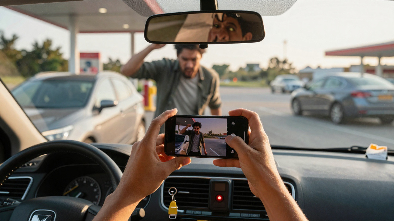 Pessoa dentro do carro tirando foto com celular de homem parado na frente em posto de gasolina.